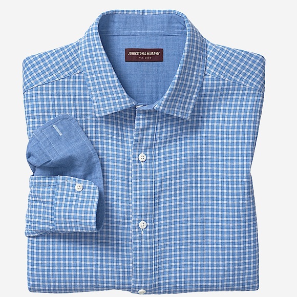 Johnston & Murphy Double Layered Cotton Button Down Shirt Blue Yarn Dyed Plaid S - Picture 1 of 10